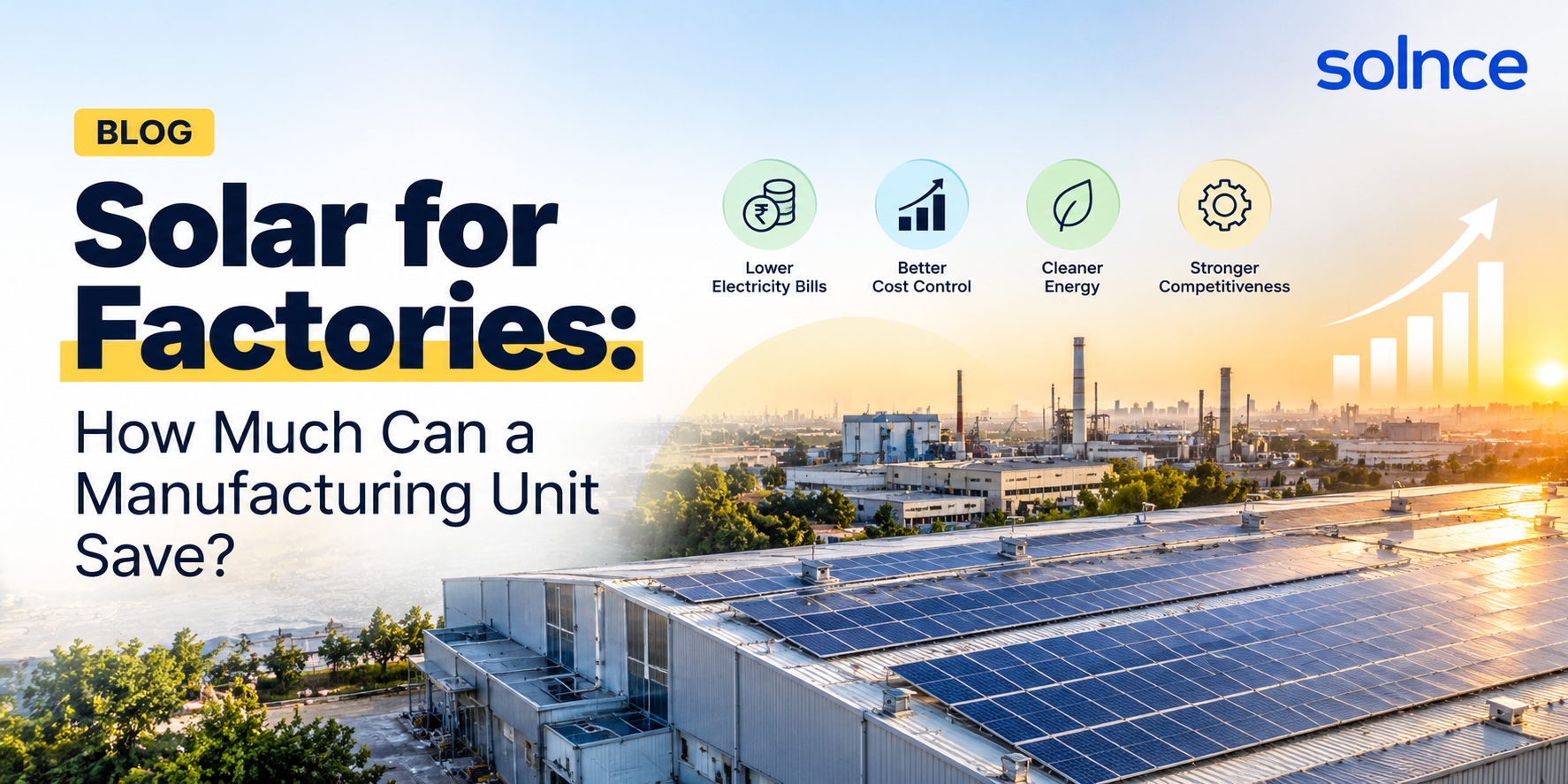 Aerial photograph showcasing large solar panels installed on an industrial building complex.